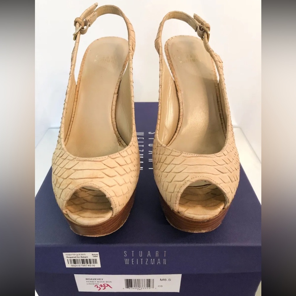 Stuart Weitzman Platform Heels Nude Sandal Embossed Snakeskin Peep Toe SZ 8.5